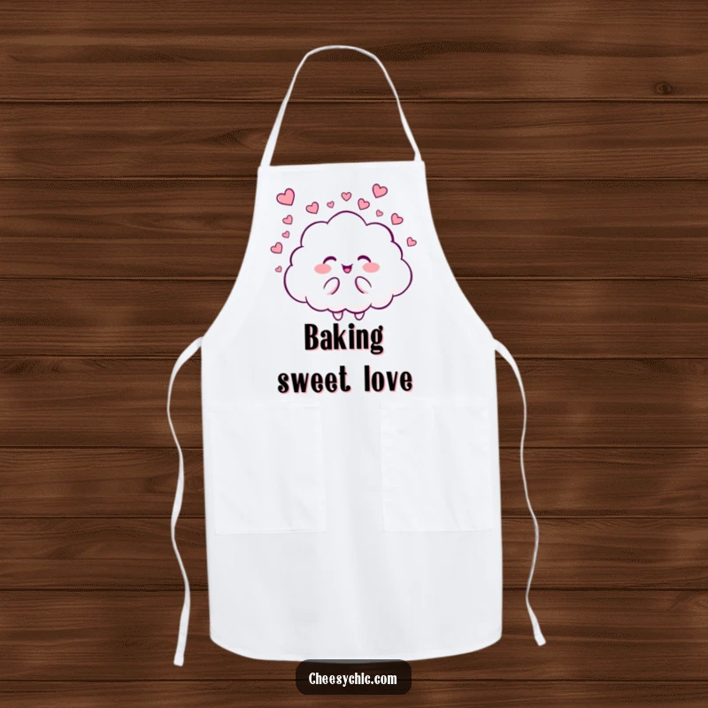 Funny apron featuring a giggling cloud character raining a delightful shower of small hearts, ideal for loving cooks.
