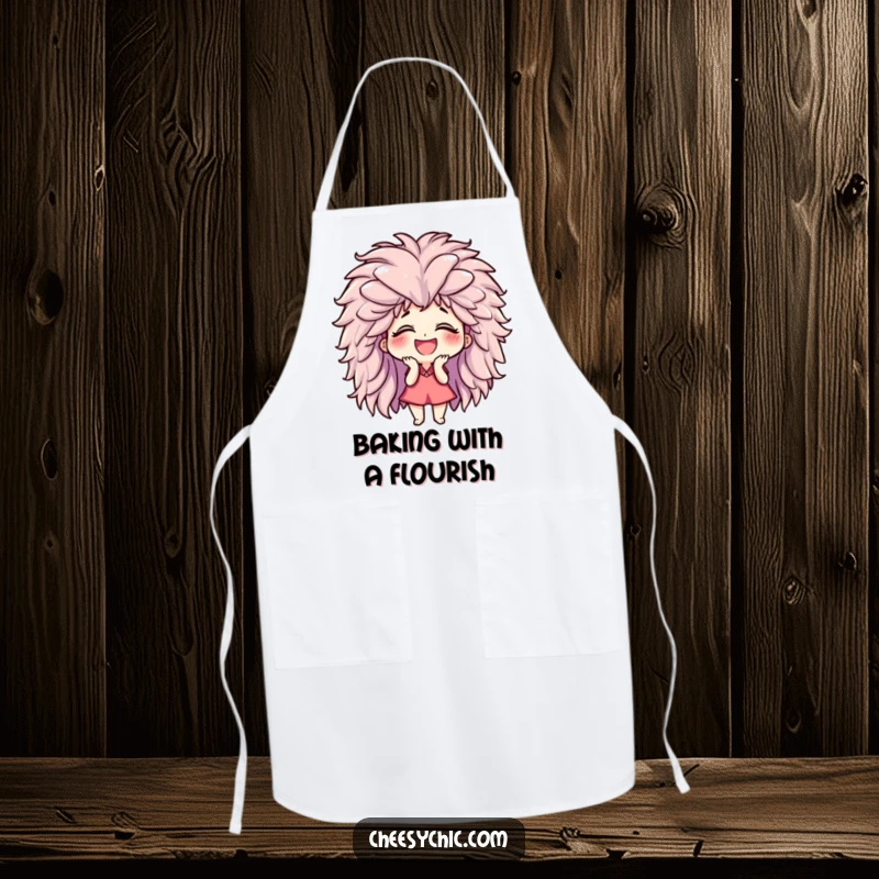 Funny apron showcasing a small stylized character giggling uncontrollably while wearing a giant, fluffy wig, ready to add fun to cooking.