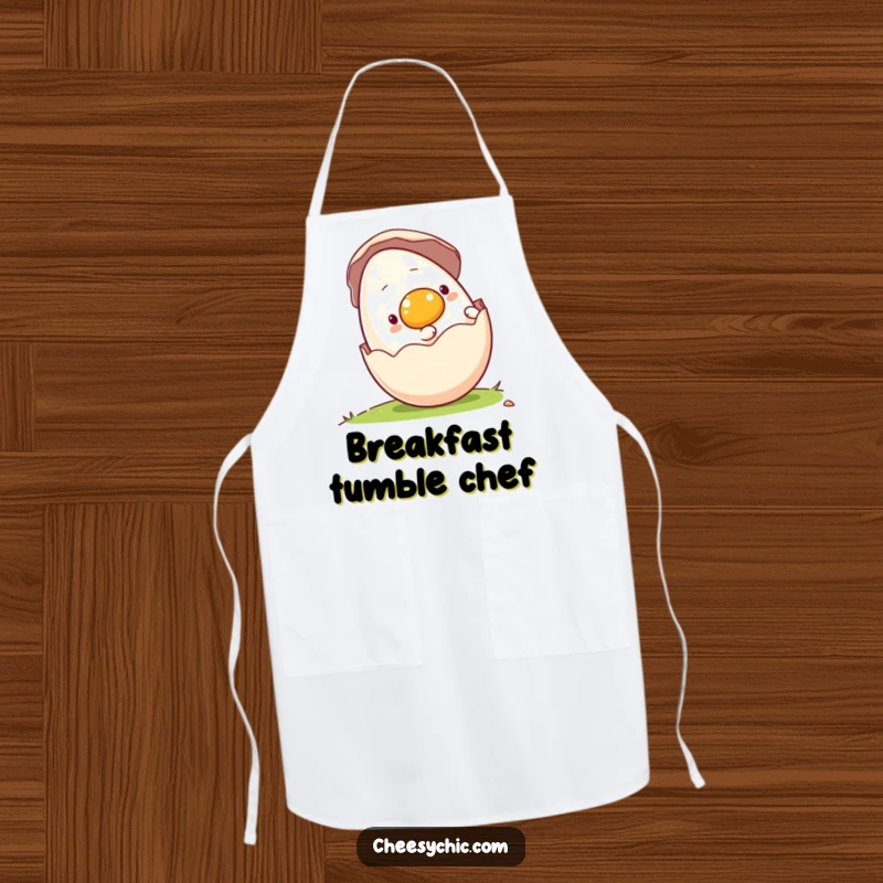 Funny apron with a charming anthropomorphic egg rolling downhill in its shell, ideal for protecting clothes during cooking.