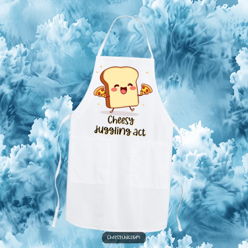 Funny apron depicting an anthropomorphic toast aggressively juggling three miniature pizzas, a comical kitchen essential for food lovers.