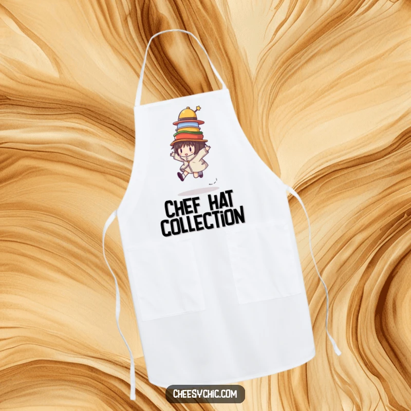 Funny apron featuring a character skipping while balancing many colorful hats, perfect for a humorous cooking experience.