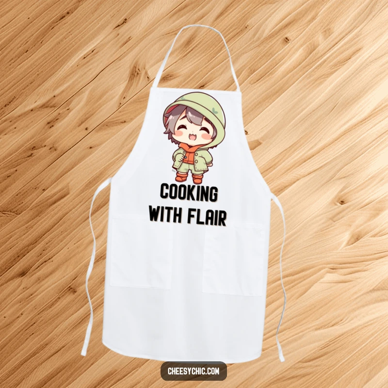 Funny apron showcasing a small stylized character in a spectacularly mismatched outfit, beaming with delighted joy while cooking or baking.