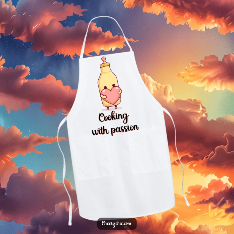 Funny apron showcasing a happy anthropomorphic condiment bottle squeezing a huge heart, ready to add fun to any cooking session.