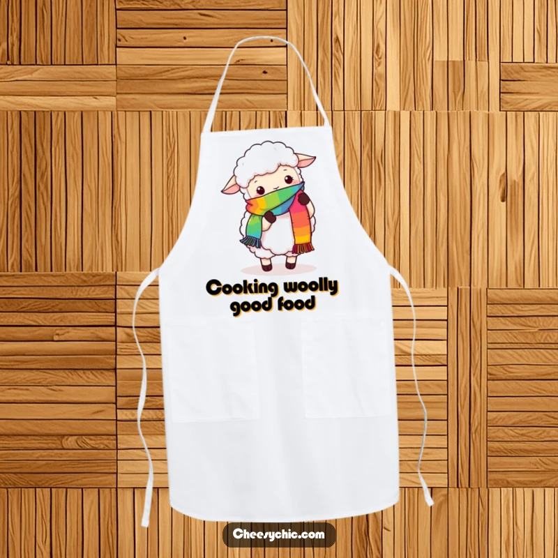 Funny apron featuring a fluffy sheep humorously attempting to knit a rainbow scarf with its hooves, ideal for kitchen or craft use.
