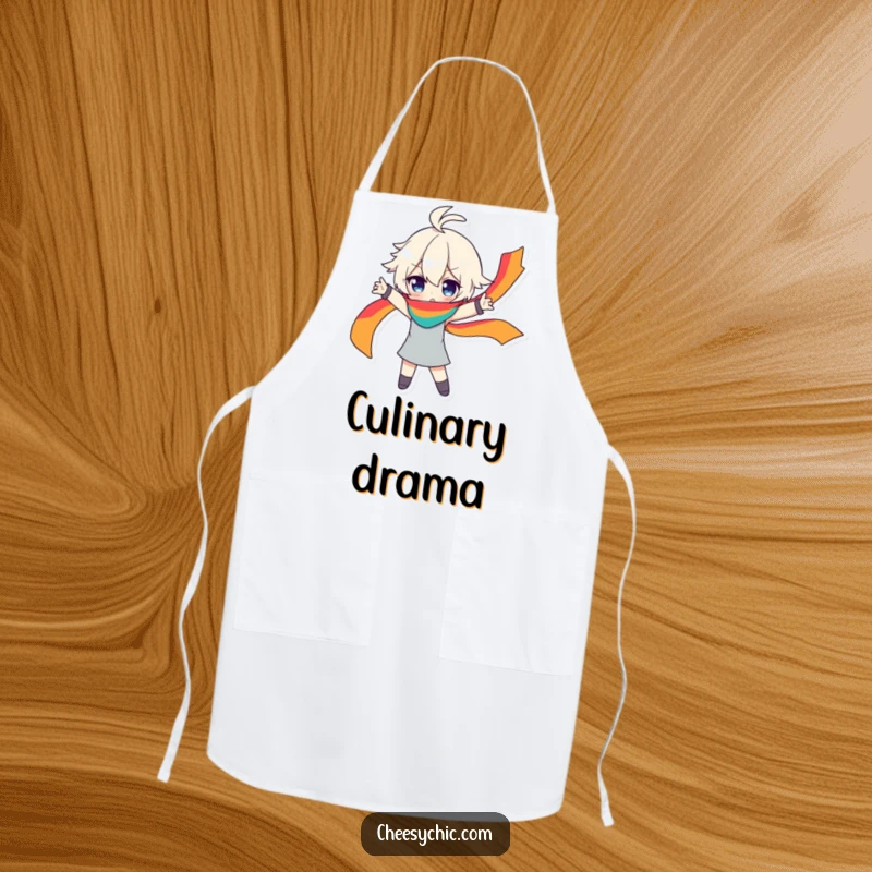 Funny apron with a character in a dramatic pose, a flowing rainbow scarf adding flair, perfect for kitchen duties with humor.