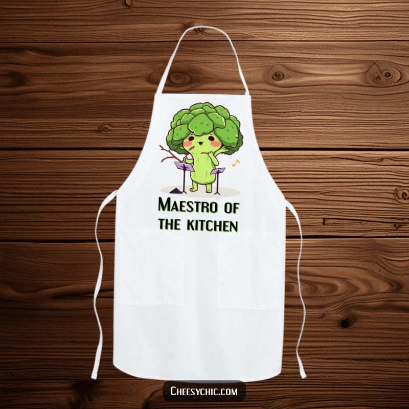 Funny apron showing an adorable anthropomorphic broccoli conducting an invisible orchestra with a twig, ready for kitchen concerts.