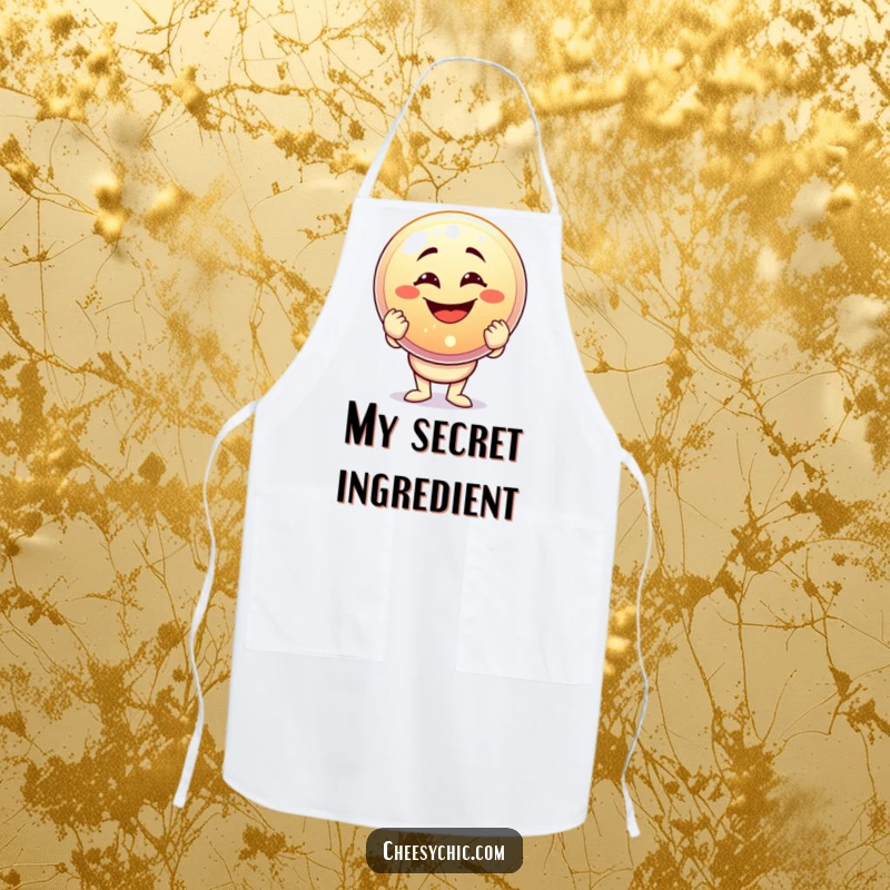 Funny apron featuring a character with a goofy grin holding a giant sparkling button, perfect for a humorous cooking celebration.