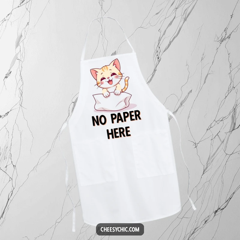Funny apron showing a cute cat character about to pounce with immense glee on a crumpled paper ball.
