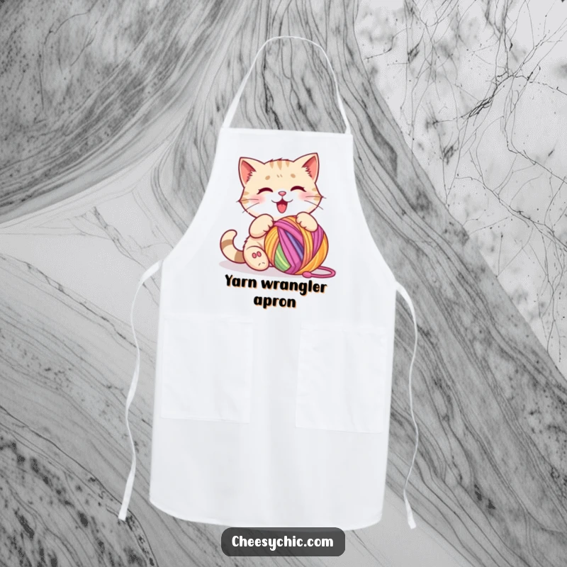 Funny apron showing a cute cat character joyfully batting at a large, colorful ball of yarn.