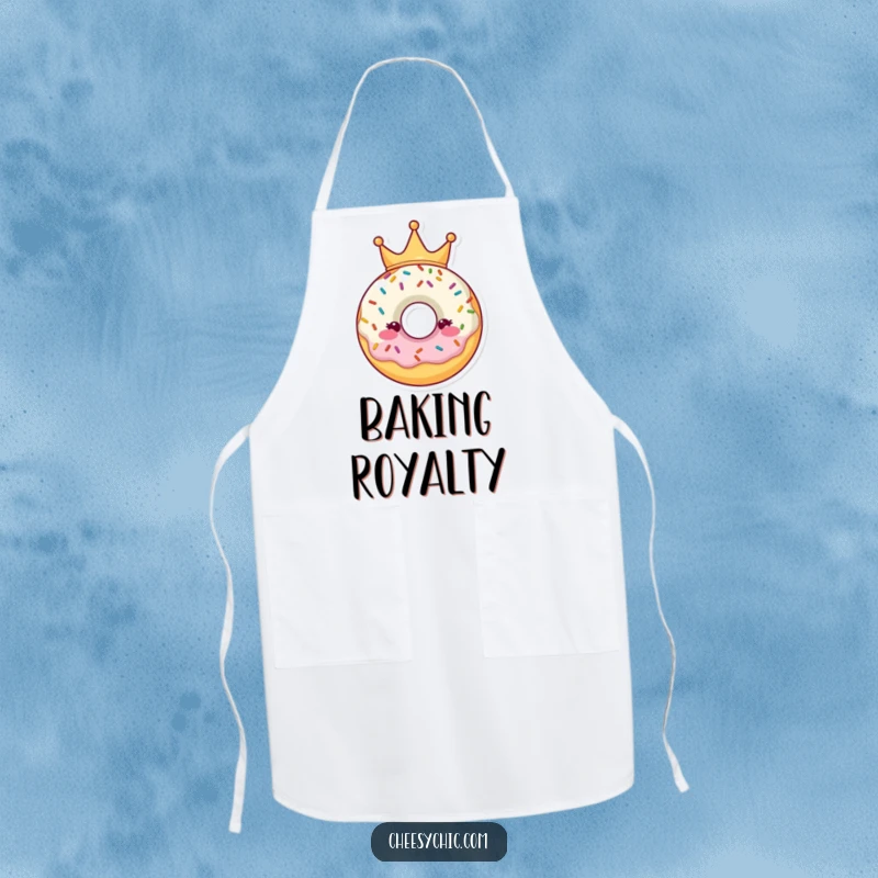 Funny Apron featuring a regal donut character crowned with sprinkles, bringing whimsical charm to baking.