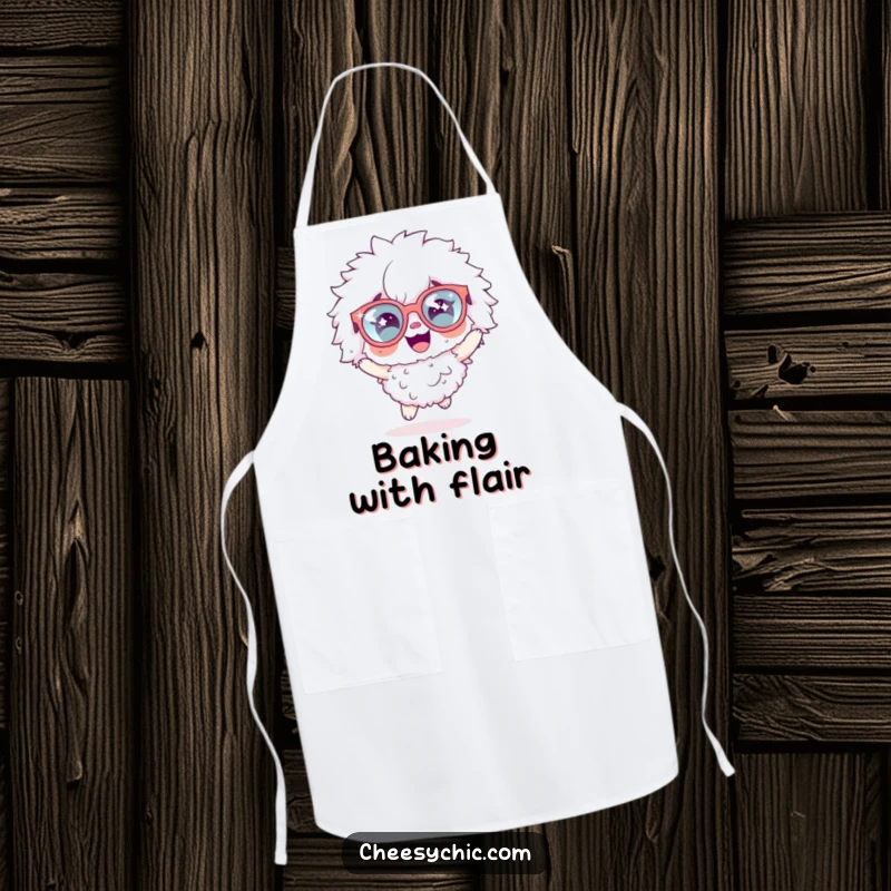 Funny apron showcasing a fluffy character in oversized sparkly glasses, joyfully hopping while cooking, adding a whimsical touch to the kitchen.