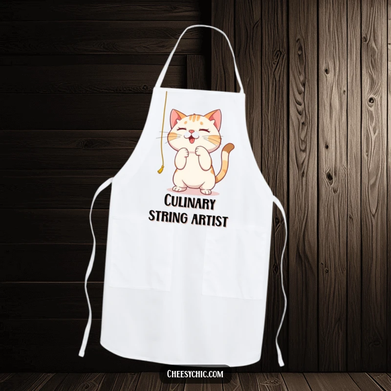 Funny apron showing a cute cat intensely batting at a dangling string, humorous kitchen or craft wear.