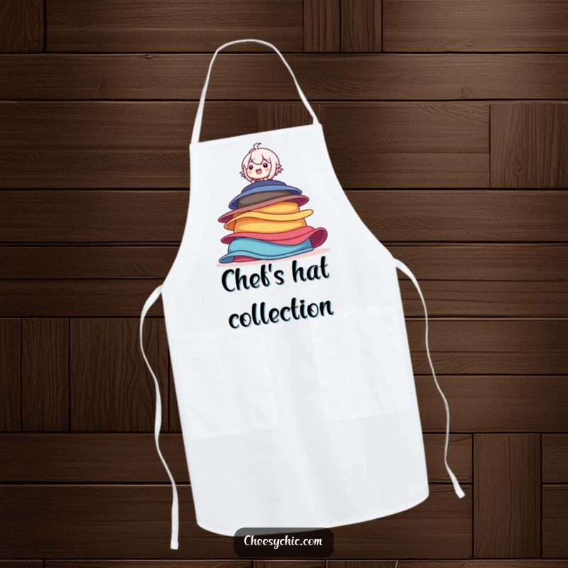 Funny apron displaying a character joyfully balancing on a tall stack of colorful hats, adding a whimsical touch to the kitchen.