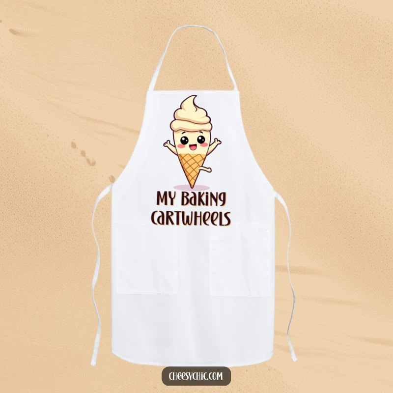 Funny apron featuring a cheerful ice cream cone doing a cartwheel with its stick up, ideal for playful baking.