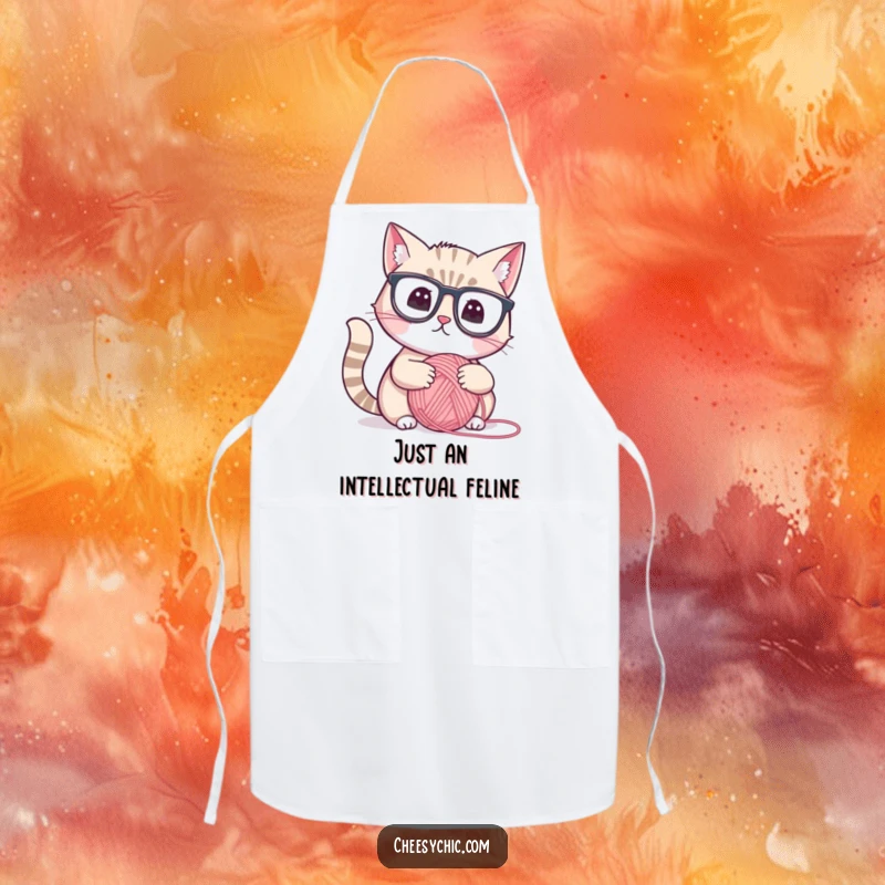 Funny apron depicting a scholarly cat with reading glasses, pondering a yarn ball, humorous kitchen or craft wear.