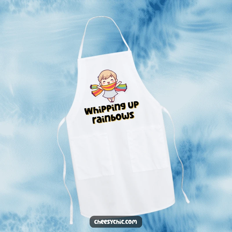 Funny Apron showing a small stylized character joyfully dancing, their vibrant rainbow scarf adding a festive element.