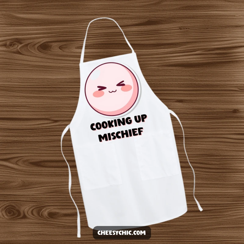 Funny Apron: A round pink character with rosy cheeks winking mischievously. Great funny gift for chefs.
