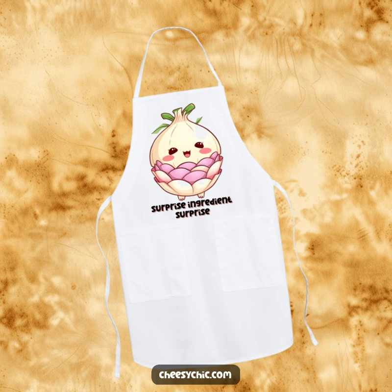 Funny apron with a cute anthropomorphic onion caught in a state of surprise as its many layers peel back, ready for the kitchen.