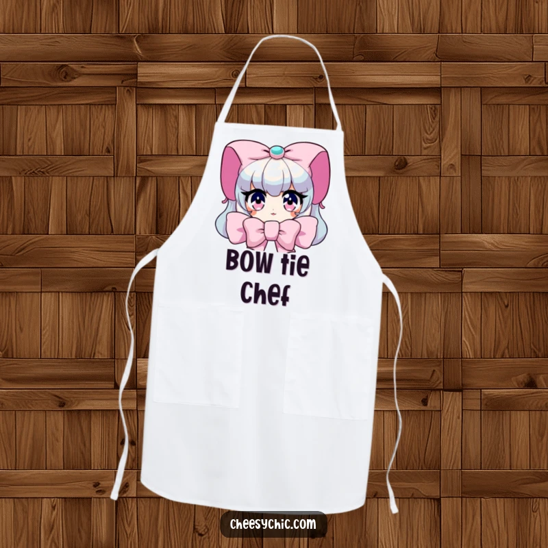 Funny Apron: Character peeking from behind a giant bow, with wide, sparkling eyes, humorous and practical.