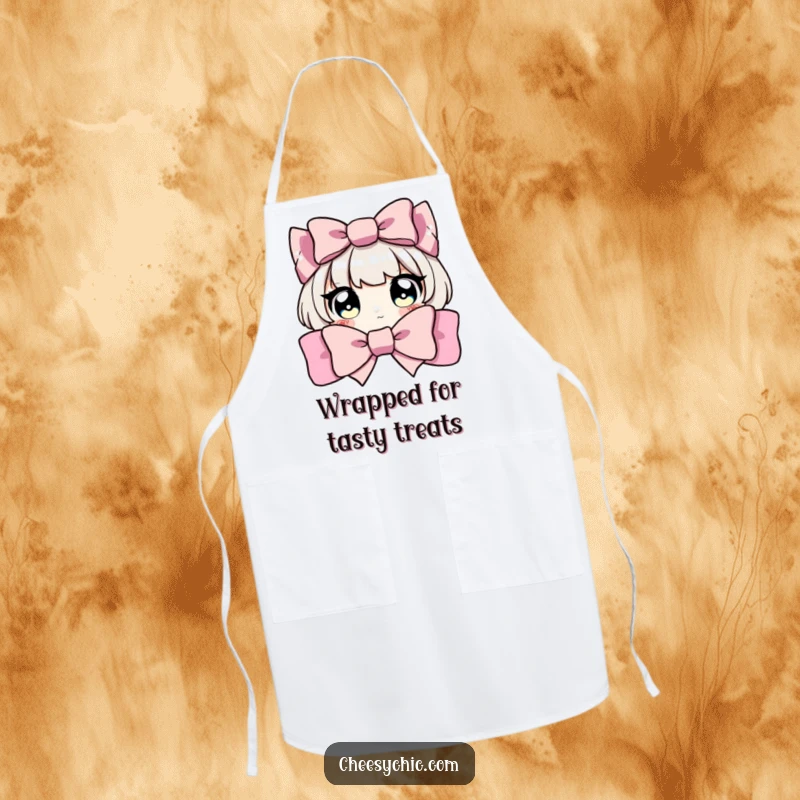 Funny apron showing a character with wide, curious eyes peeking from behind a large bow, ready for kitchen fun.