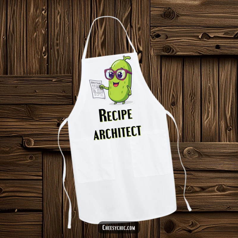 Funny apron featuring a pickle wearing oversized glasses, pointing at a blueprint while cooking.