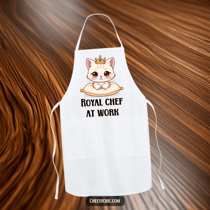 Funny apron showing a cute cat character wearing a small crown, looking regal while seated on a cushion.