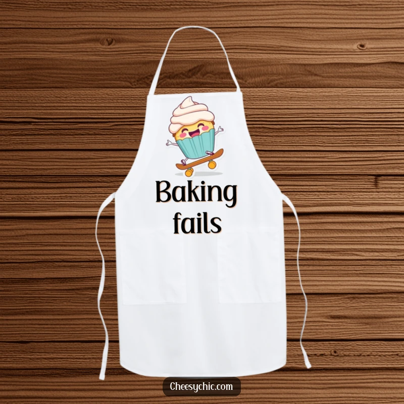 Funny apron showing a happy anthropomorphic cupcake comically falling off a tiny skateboard, ready for kitchen fun.