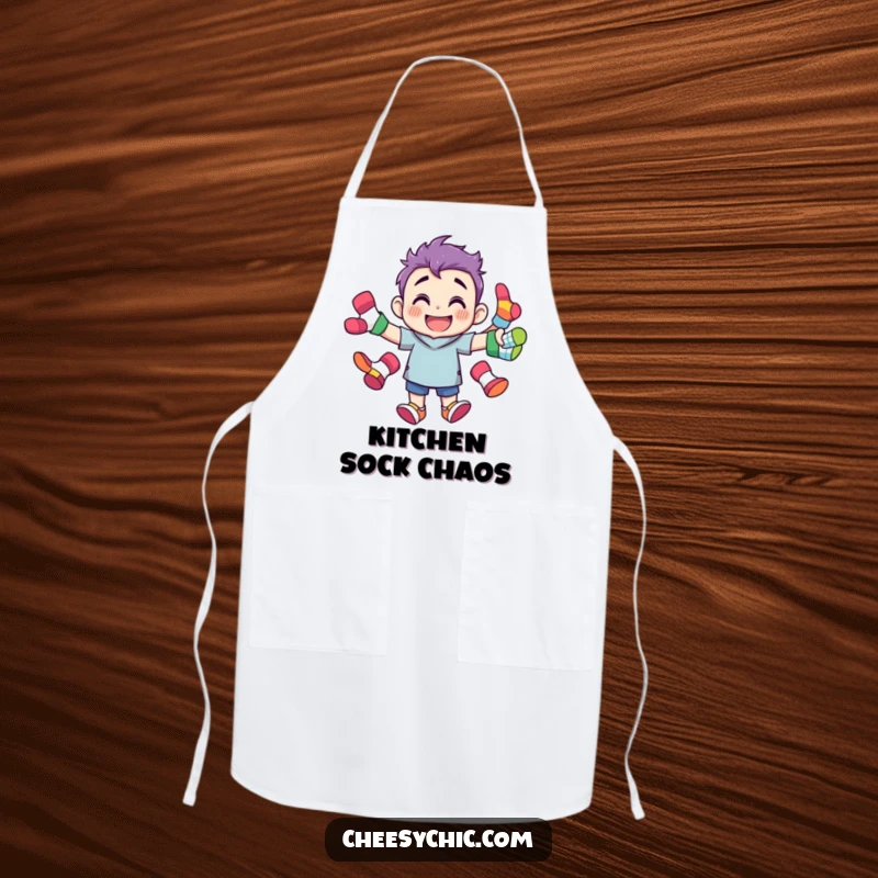 Funny apron with a grinning character juggling various brightly colored, mismatched socks, perfect for protecting clothes with humor.