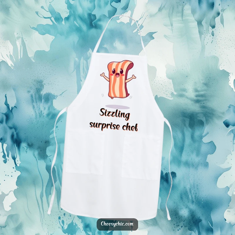Funny apron featuring an adorable bacon strip doing a surprised jump while cooking.