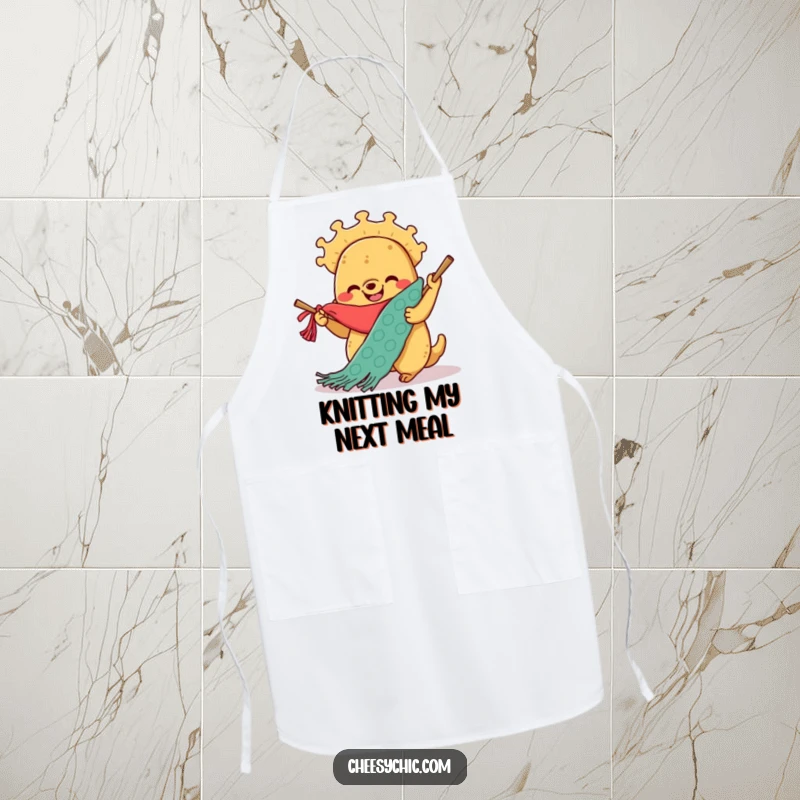 Funny apron showing a smiling anthropomorphic taco enthusiastically knitting a giant scarf, ready for culinary or crafting adventures.