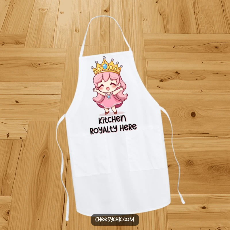 Funny apron displaying a character with a large, sequined tiara, dancing joyfully while cooking, adding a festive touch.