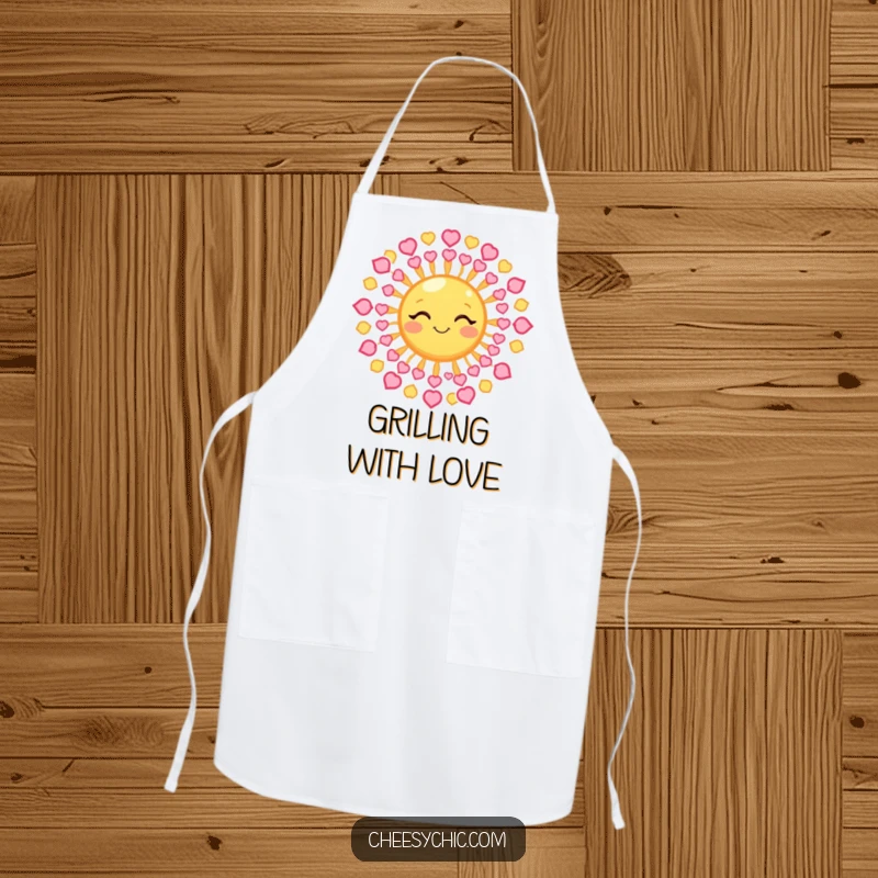 Funny Apron featuring a winking sun with rays made of tiny hearts, perfect for a warm and loving cooking experience.