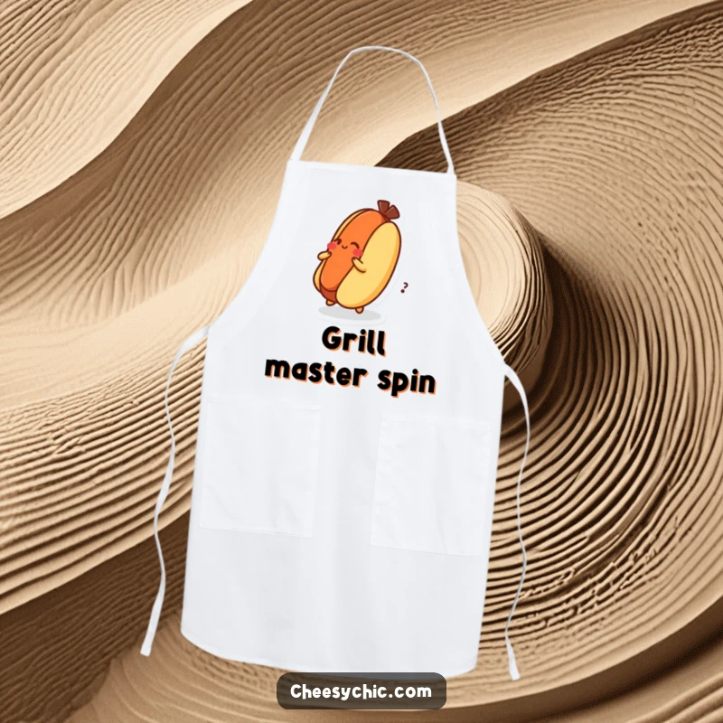 Funny Apron featuring a dizzy hot dog character spinning on its bun, a humorous kitchen essential.
