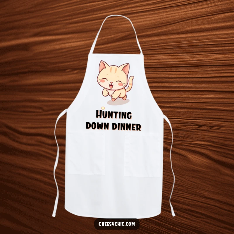 Funny apron showing a cute cat chasing a laser dot on the floor, energetic and humorous kitchen wear.