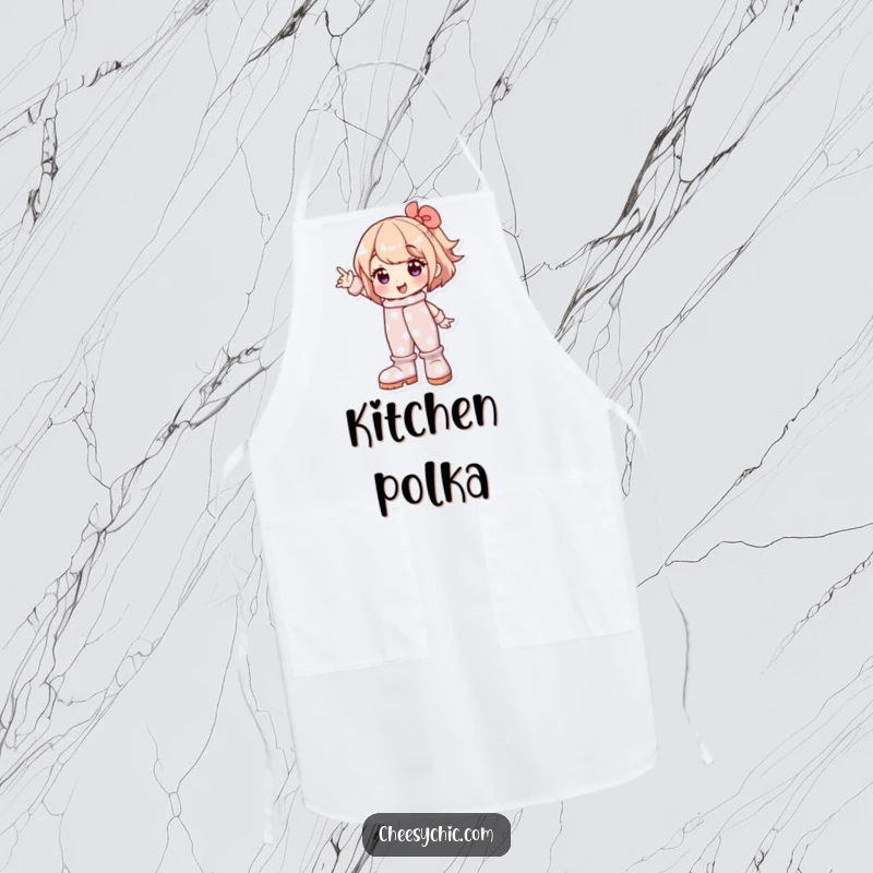 Funny apron featuring a character in large polka dot boots posing cheerfully, perfect for a humorous cooking experience.