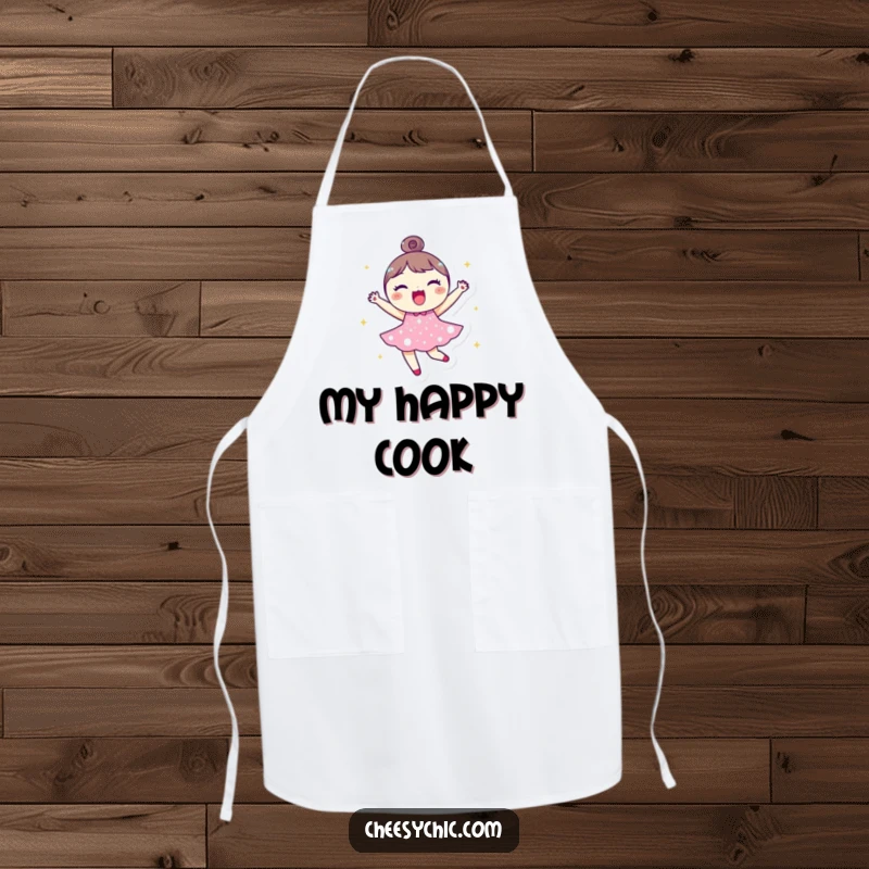 Funny apron with a small, round character in a sparkly dress, joyfully bouncing while protecting clothes, adding cheer to the kitchen.