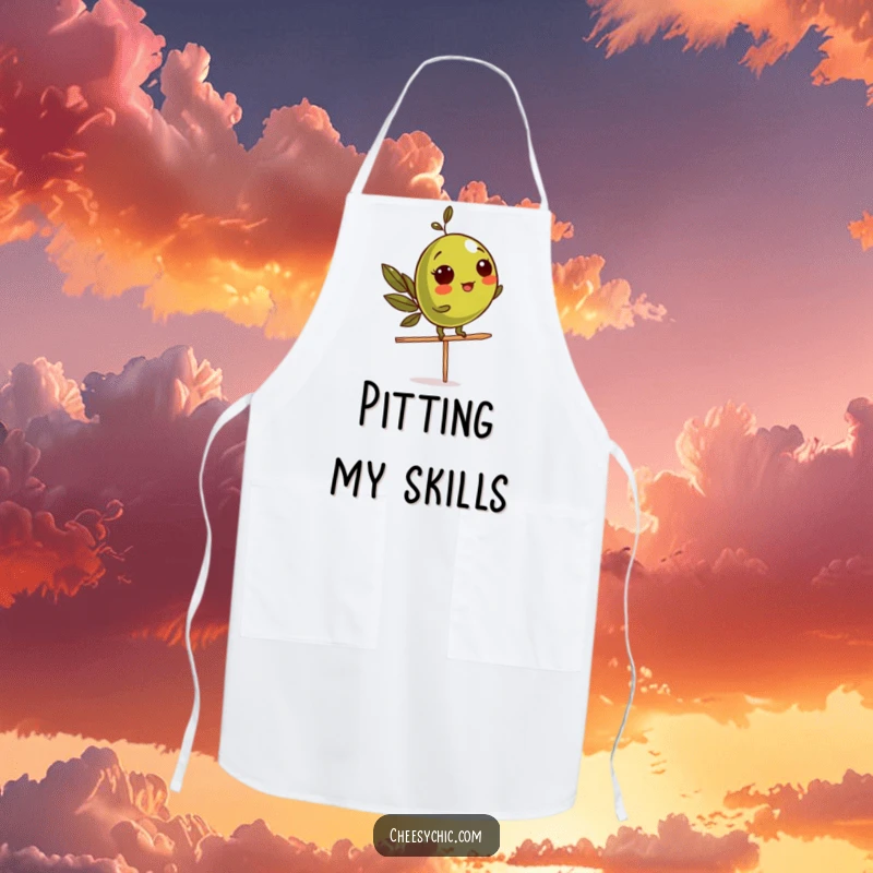 Funny Apron featuring an olive character attempting a daring balance on a toothpick, a humorous kitchen essential.