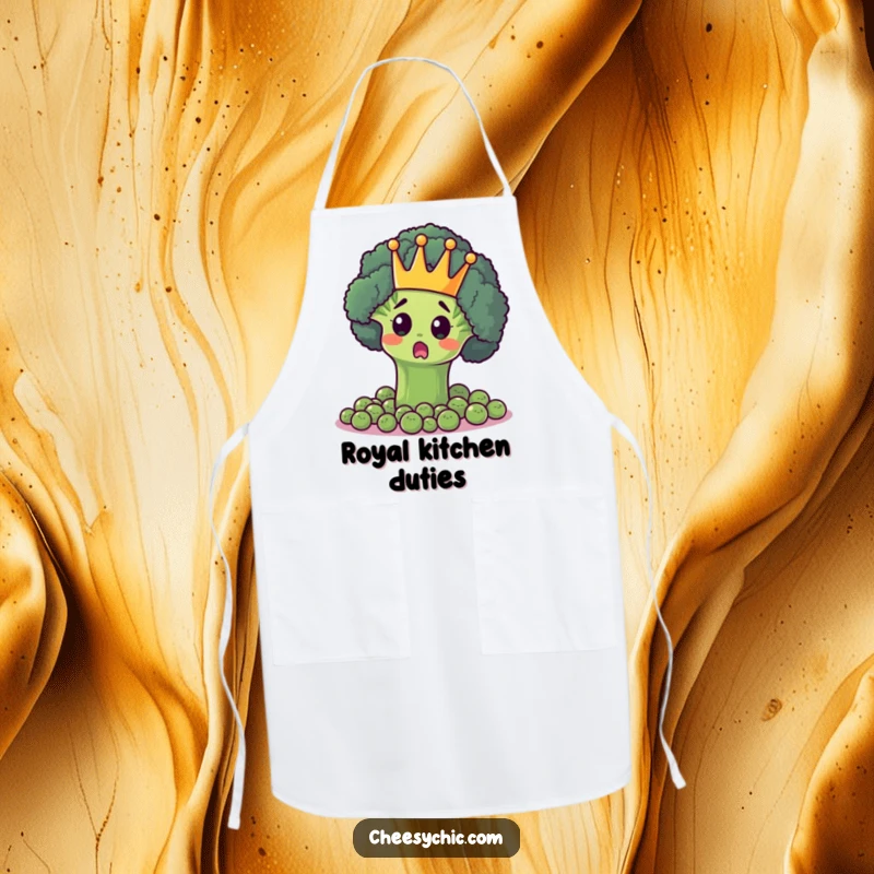 Funny apron with a surprised broccoli floret wearing a crown, ruling over peas, ideal for chefs and veggie lovers.