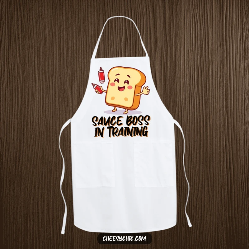 Funny apron featuring a happy bread slice enthusiastically juggling ketchup bottles while cooking.