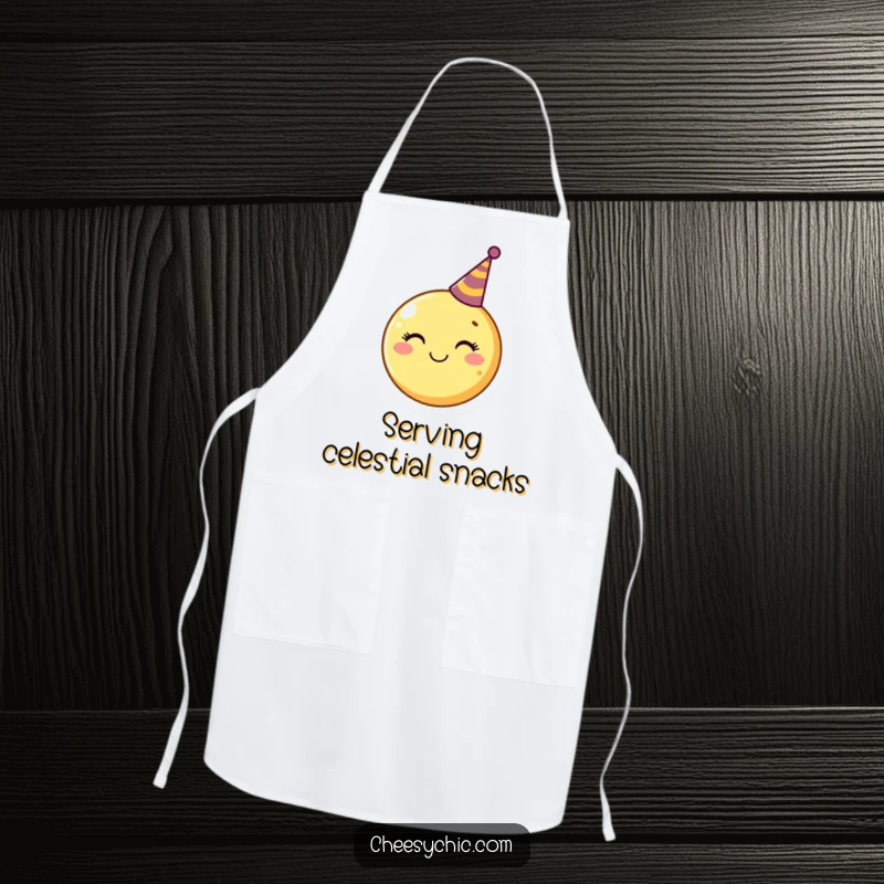 Funny Apron featuring a smiling moon adorned with a tiny party hat, perfect for a cheerful cooking experience.