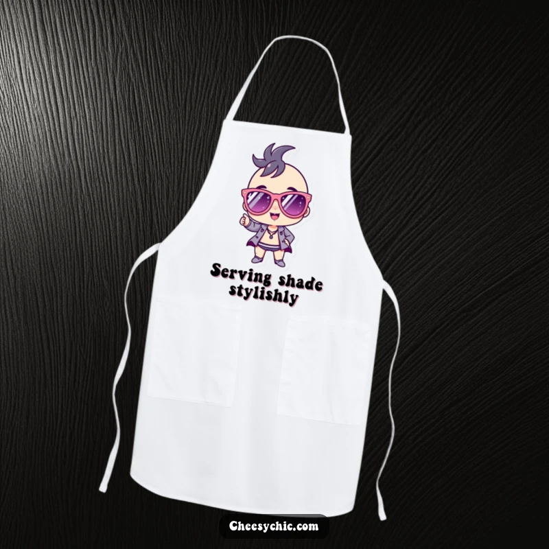 Funny Apron showing a small stylized character wearing oversized, glittering sunglasses and striking a confident, ready-to-cook pose.