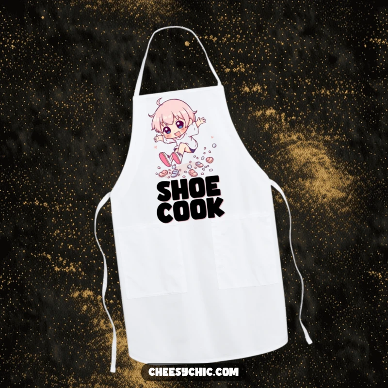 Funny character playfully tripping, with a cascade of tiny, shiny shoes, ready for kitchen fun.