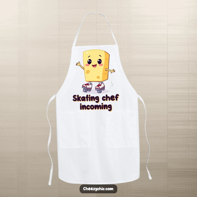 Funny apron featuring a happy cheese slice trying to put on roller skates while cooking.
