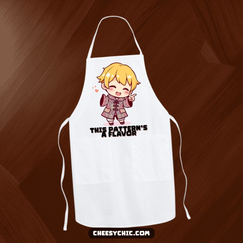 Funny Apron showing a small stylized character enthusiastically pointing at an outfit with a very loud and ridiculous pattern.