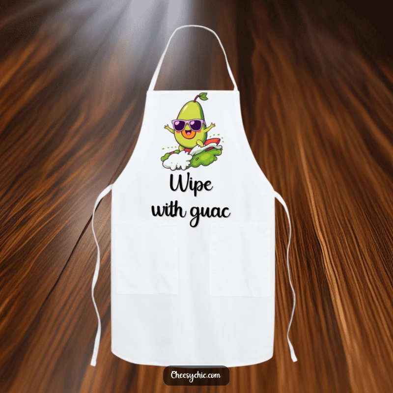 Funny apron with a cheerful avocado wearing sunglasses, surfing a guacamole wave, ideal for gourmet chefs and casual cooks alike.