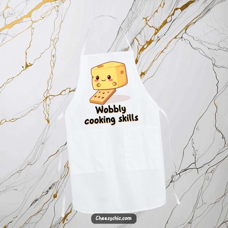 Funny apron with a wobbly block of cheese attempting to balance on a cracker, ideal for kitchen fun and food lovers.