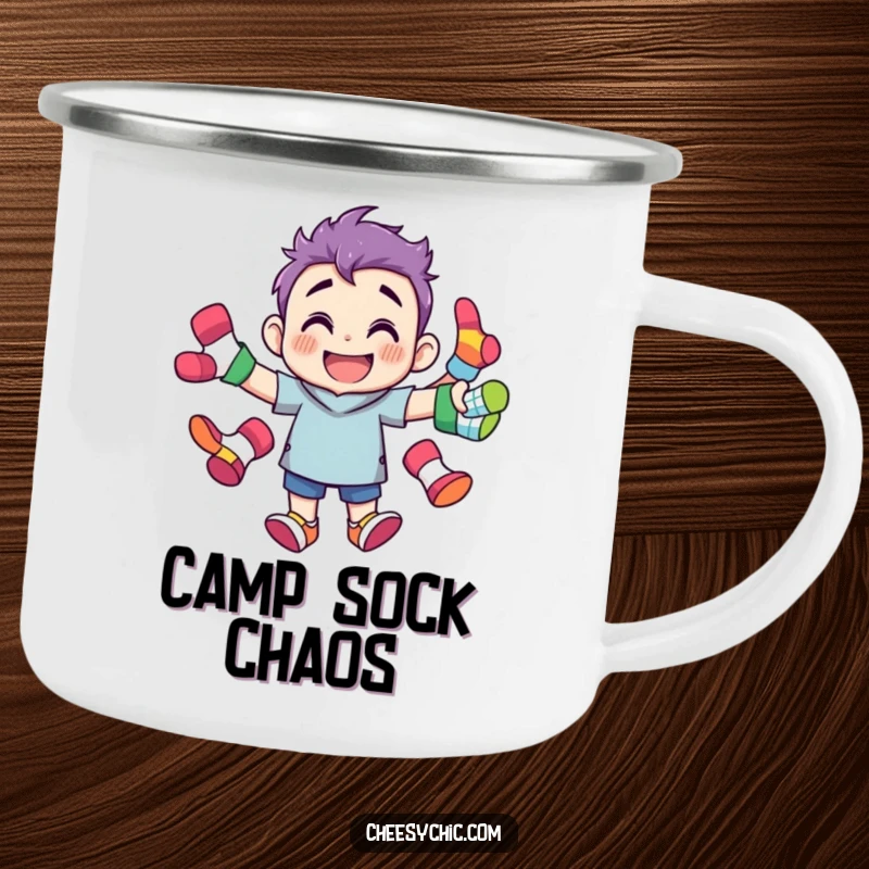 Funny camping mug showing a grinning character juggling brightly colored, mismatched socks, perfect for outdoor enjoyment and a good laugh.