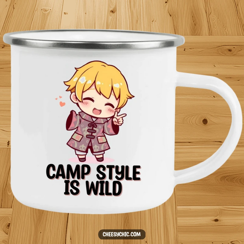 Funny Camping Mug with a small stylized character enthusiastically pointing at an outfit featuring a very busy and unusual pattern.