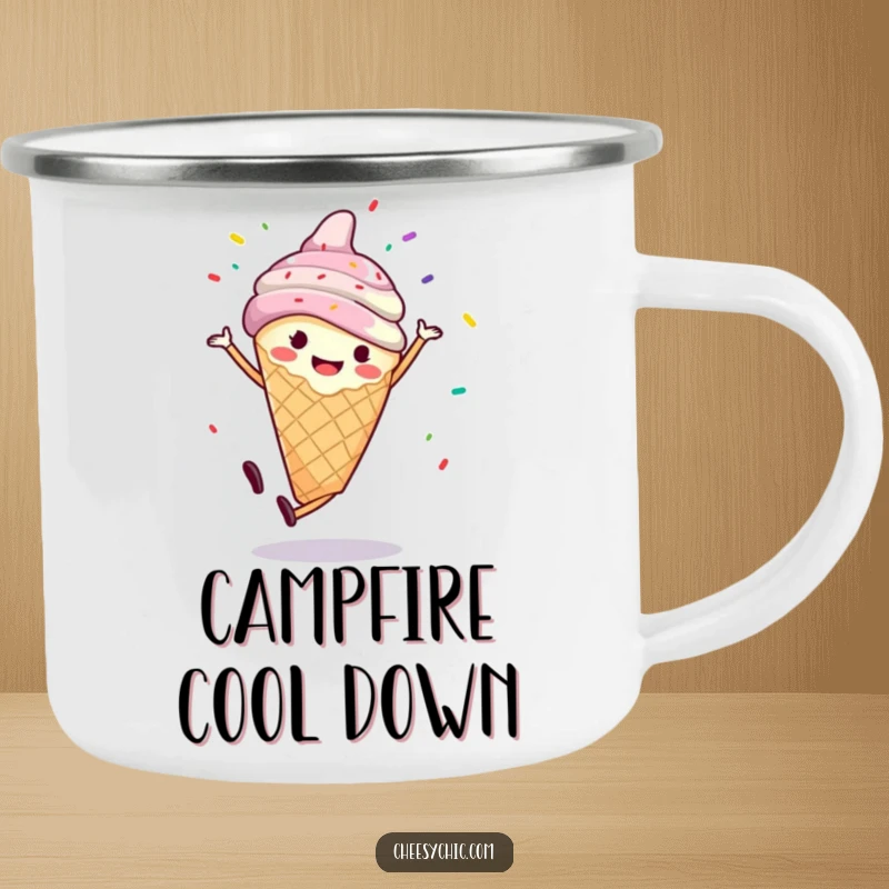 Funny camping mug with a smiling ice cream cone performing a cartwheel with sprinkles flying, perfect for enjoying treats outdoors.