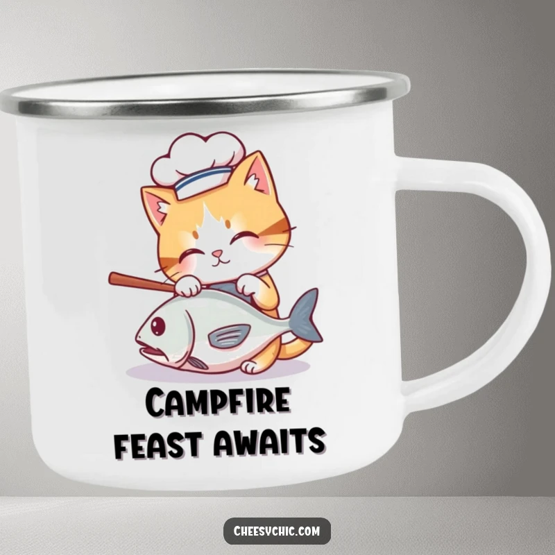 Funny camping mug with a cute cat in a chef hat batting at a rolling fish, durable and humorous outdoor gear.